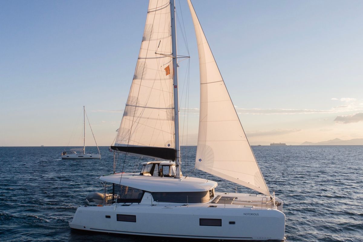Exterior view of Notorious, a Lagoon 42 catamaran at Athens, Greece