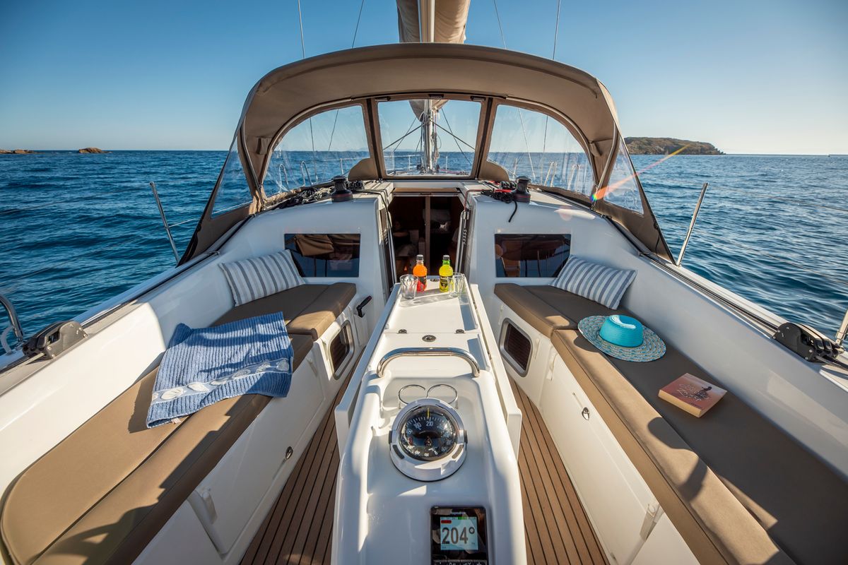 Deck of Garfish, a Jeanneau Sun Odyssey 410 sailboat at Municipal Unit of Lefkada, Greece