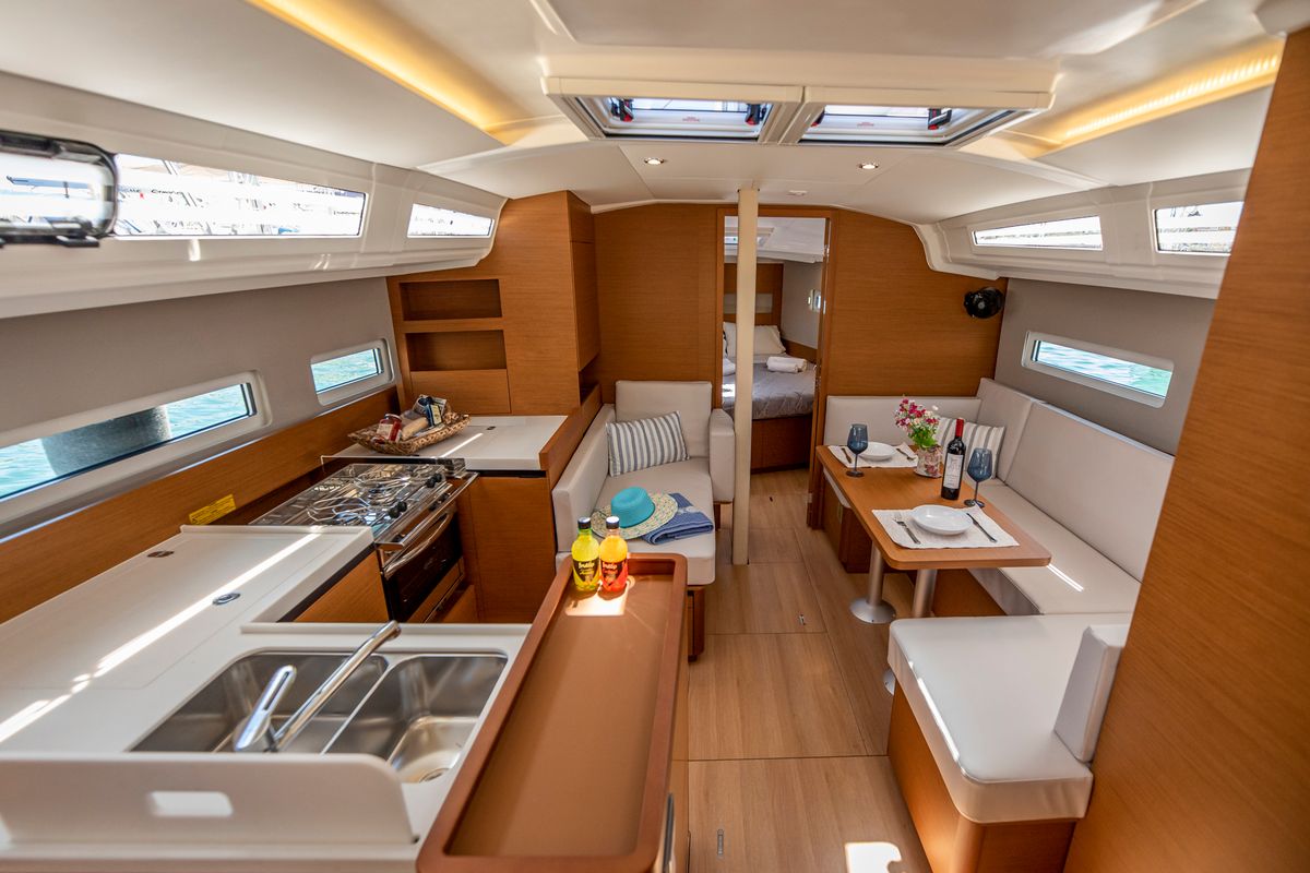Galley of Garfish, a Jeanneau Sun Odyssey 410 sailboat at Municipal Unit of Lefkada, Greece