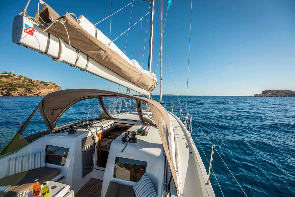 Deck of Garfish, a Jeanneau Sun Odyssey 410 sailboat at Municipal Unit of Lefkada, Greece