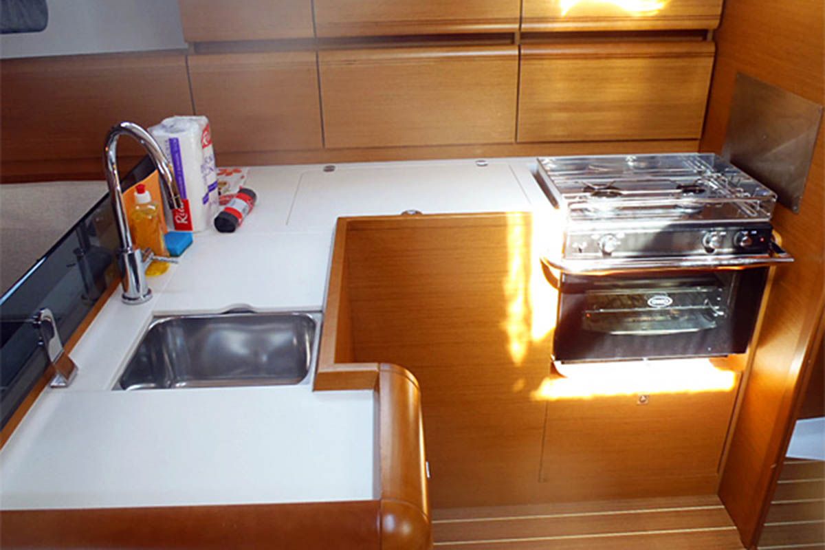 Galley of Karma, a Jeanneau Sun Odyssey 439 sailboat at Gåshaga, Sweden