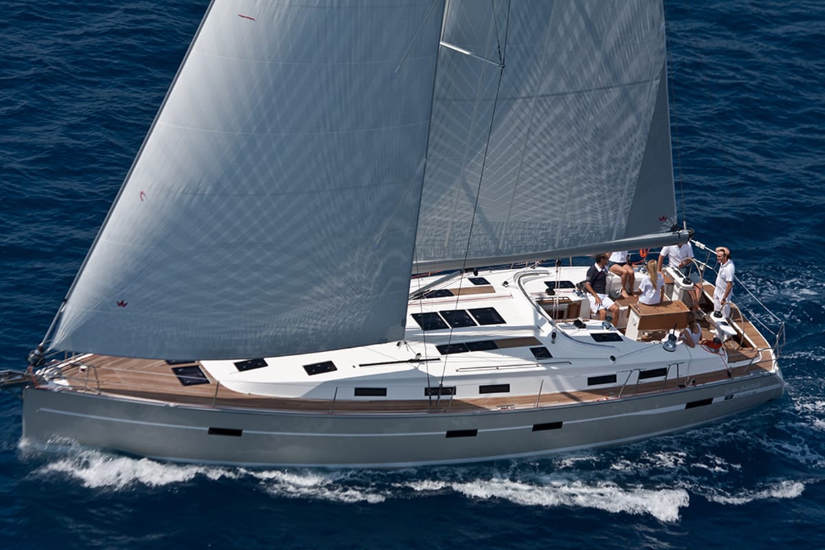 Exterior view of Jemi, a Bavaria Cruiser 50 sailboat at Municipal Unit of Rhodes, Greece