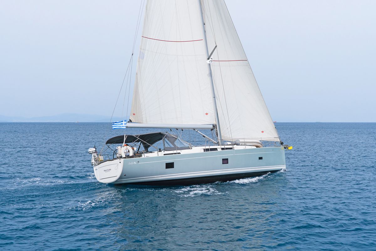 Exterior view of Meraki Of London, a Hanse Yachts Hanse 458 sailboat at Kos, Greece