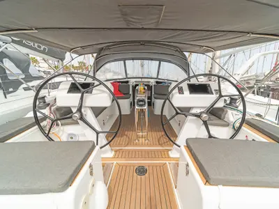 Cockpit of Meraki Of London, a Hanse Yachts Hanse 458 sailboat at Kos, Greece