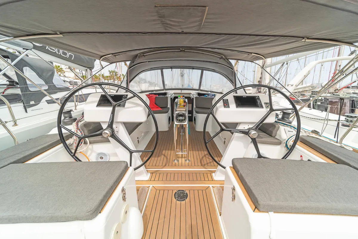 Cockpit of Meraki Of London, a Hanse Yachts Hanse 458 sailboat at Kos, Greece