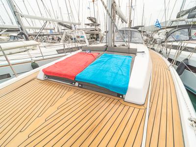 Deck of Meraki Of London, a Hanse Yachts Hanse 458 sailboat at Kos, Greece