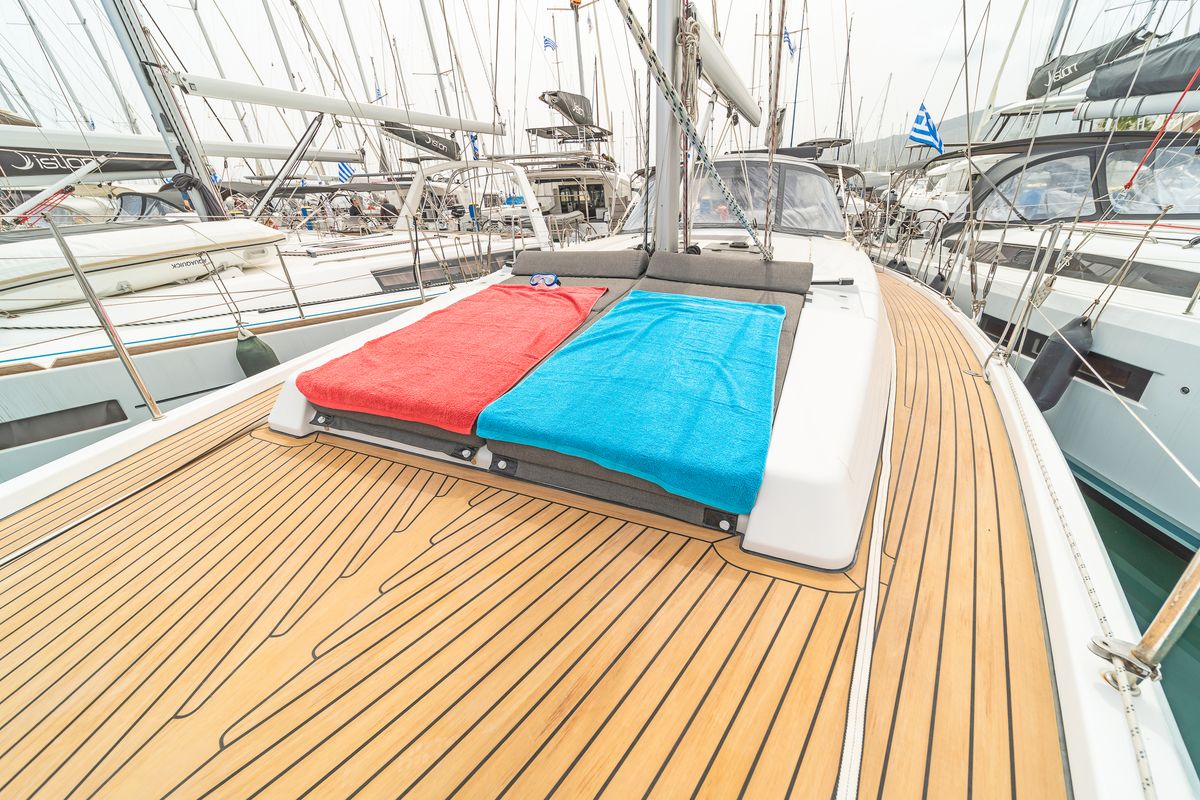 Deck of Meraki Of London, a Hanse Yachts Hanse 458 sailboat at Kos, Greece