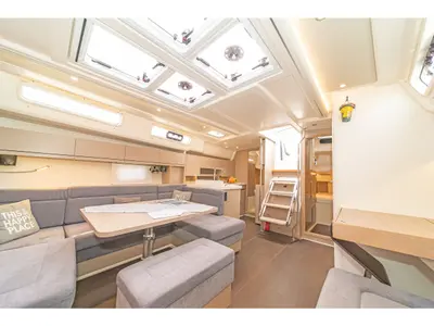Salon of Meraki Of London, a Hanse Yachts Hanse 458 sailboat at Kos, Greece