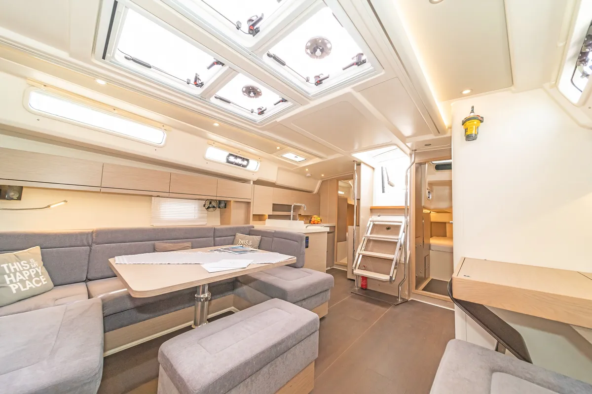 Salon of Meraki Of London, a Hanse Yachts Hanse 458 sailboat at Kos, Greece