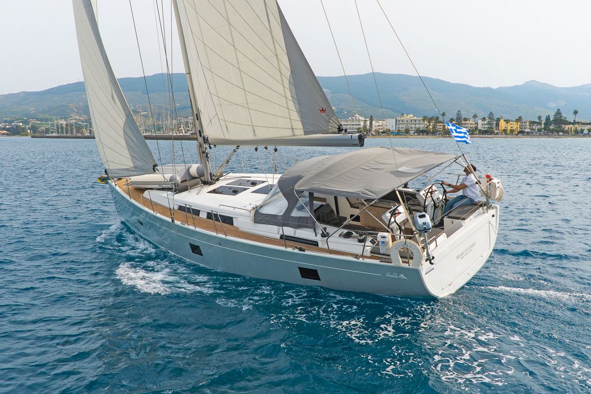 Exterior view of Meraki Of London, a Hanse Yachts Hanse 458 sailboat at Kos, Greece