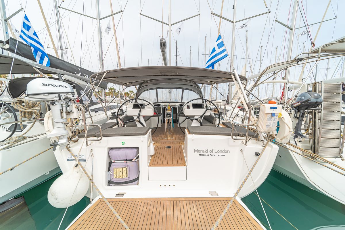 Deck of Meraki Of London, a Hanse Yachts Hanse 458 sailboat at Kos, Greece