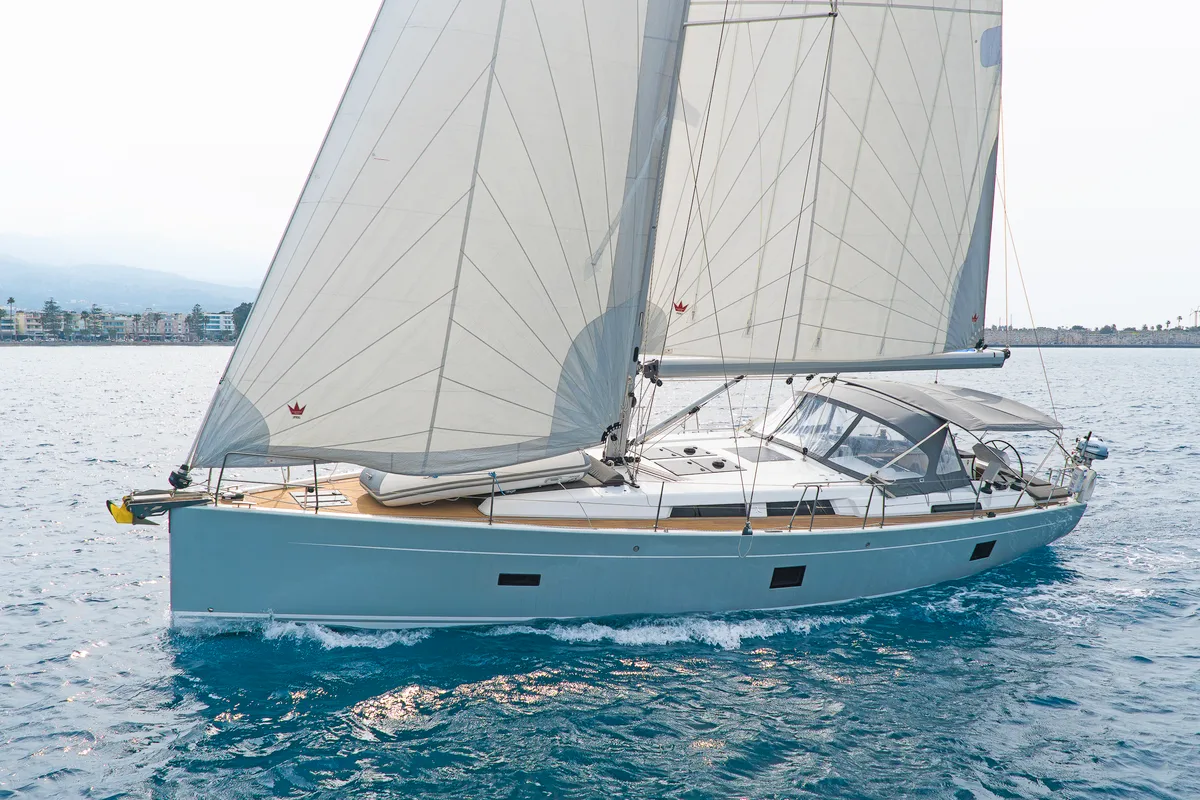 Exterior view of Meraki Of London, a Hanse Yachts Hanse 458 sailboat at Kos, Greece