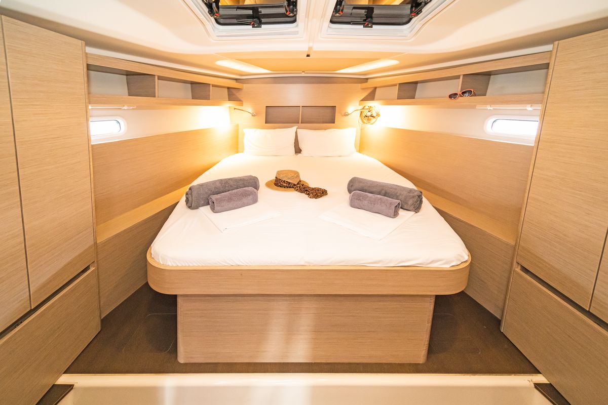 Cabin on Meraki Of London, a Hanse Yachts Hanse 458 sailboat at Kos, Greece