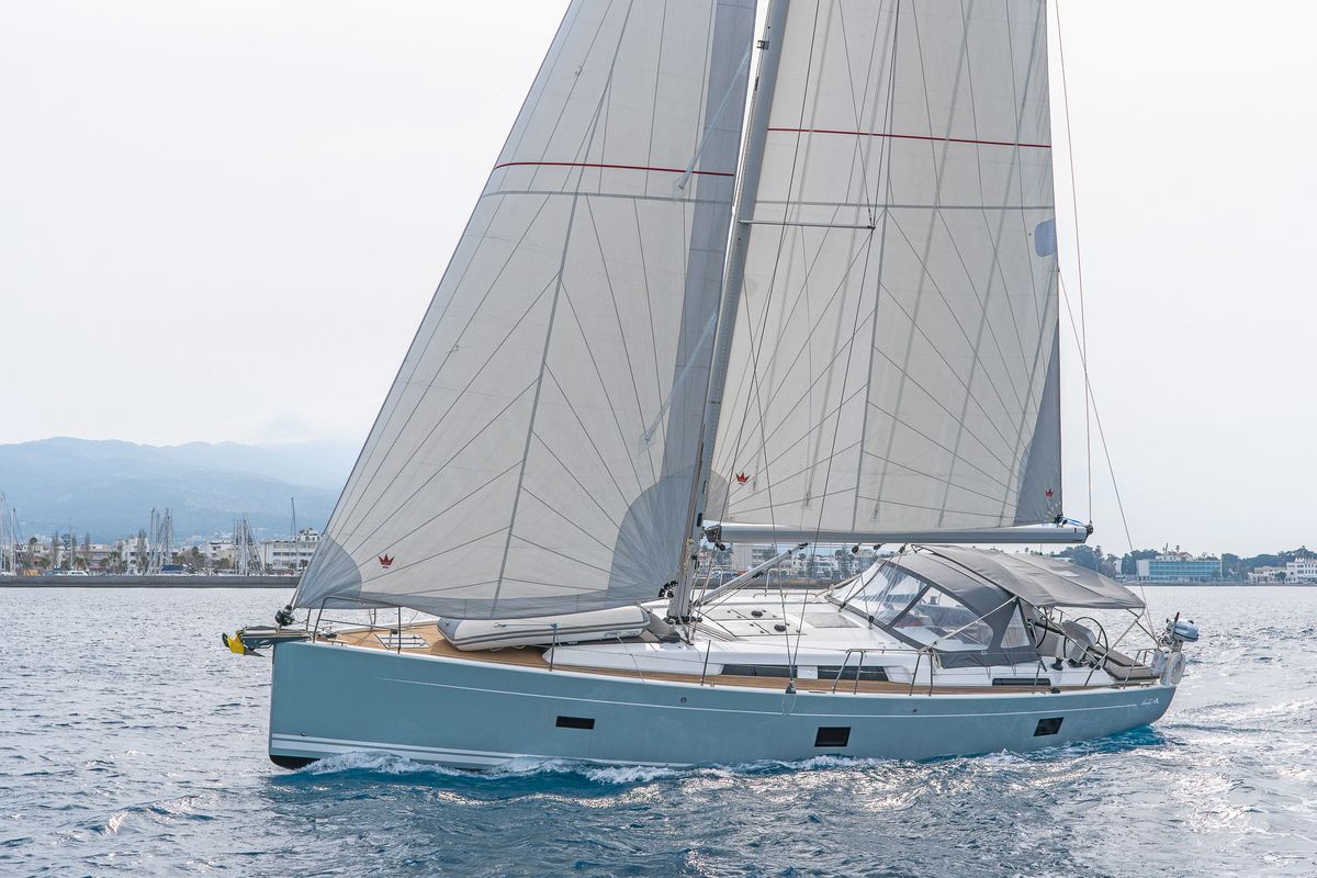 Exterior view of Meraki Of London, a Hanse Yachts Hanse 458 sailboat at Kos, Greece