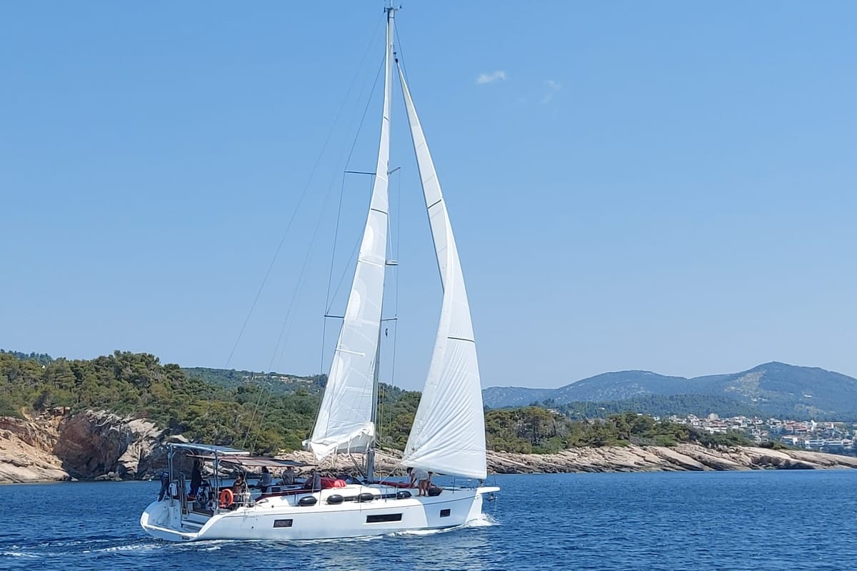 Exterior view of Ef Zin, a Beneteau Oceanis 51.1 sailboat at Skopelos, Greece