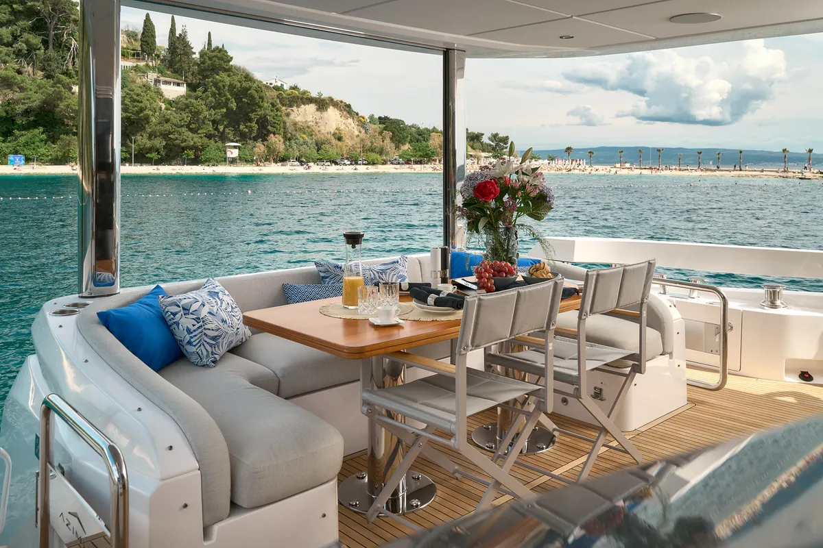 Deck of Viva, a Azimut 78 Fly yacht at Podstrana - Miljevac, Croatia