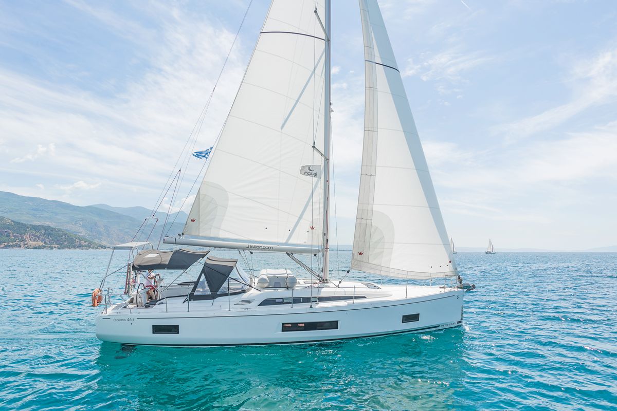 Exterior view of Paradisea, a Beneteau Oceanis 46.1 sailboat at Gouvia, Greece