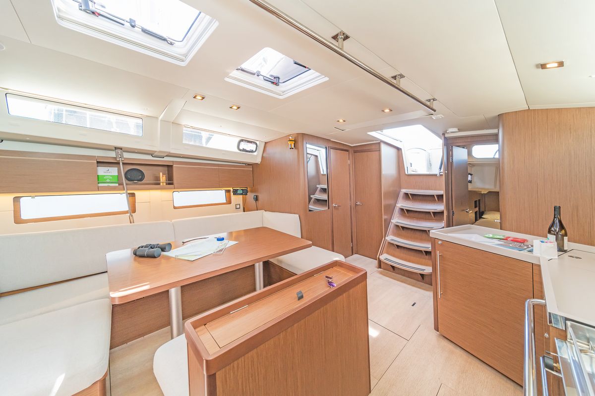 Salon of Paradisea, a Beneteau Oceanis 46.1 sailboat at Gouvia, Greece