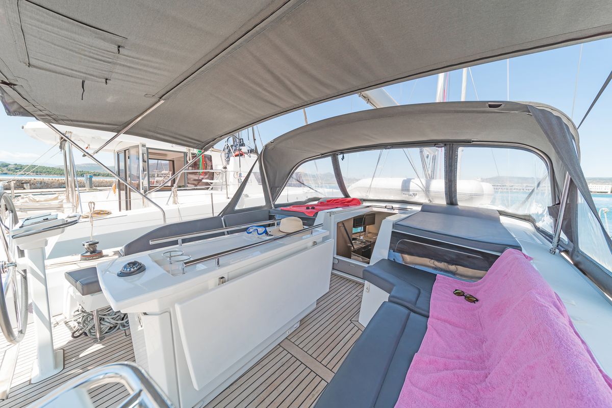 Deck of Paradisea, a Beneteau Oceanis 46.1 sailboat at Gouvia, Greece