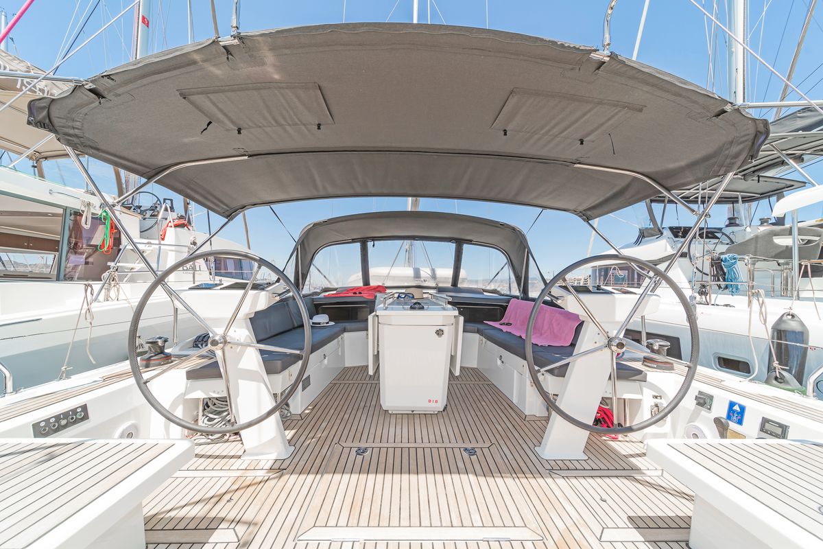 Cockpit of Paradisea, a Beneteau Oceanis 46.1 sailboat at Gouvia, Greece
