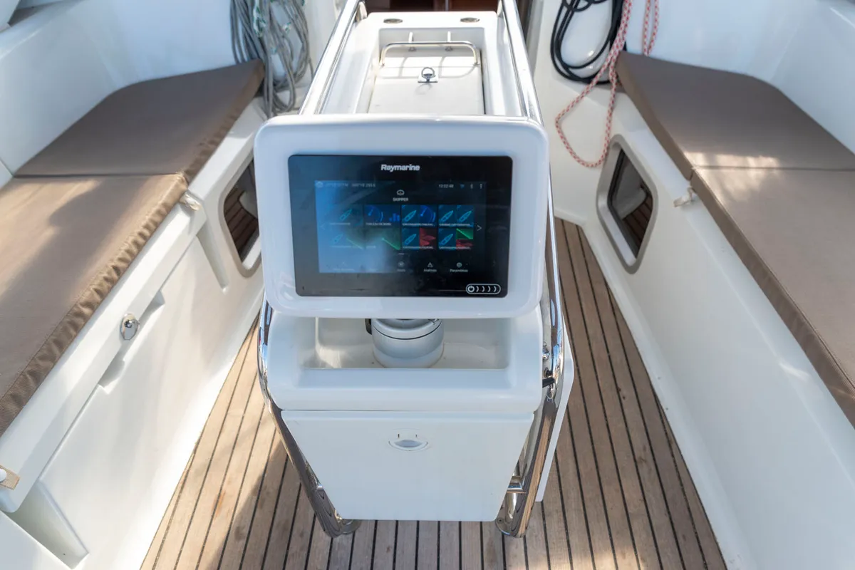 Cockpit of Bar Elli, a Jeanneau Sun Odyssey 389 sailboat at Palma de Mallorca, Spain