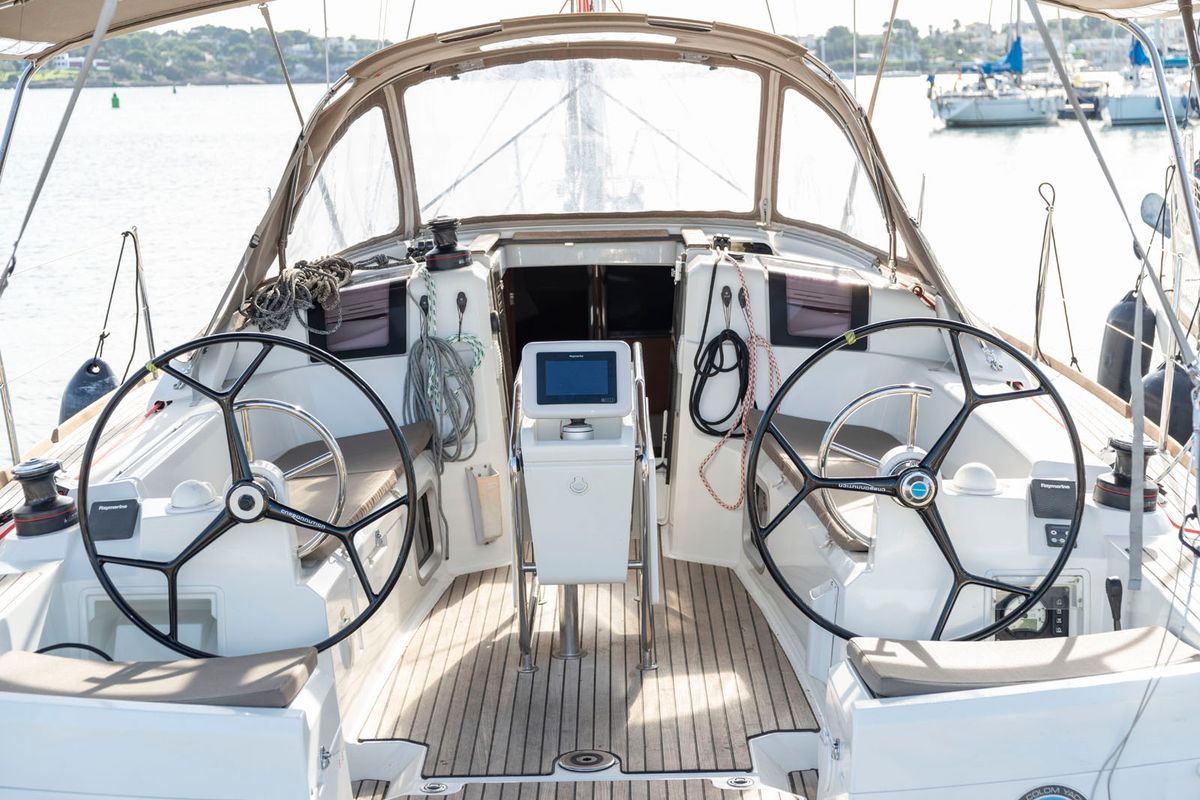 Cockpit of Bar Elli, a Jeanneau Sun Odyssey 389 sailboat at Palma de Mallorca, Spain
