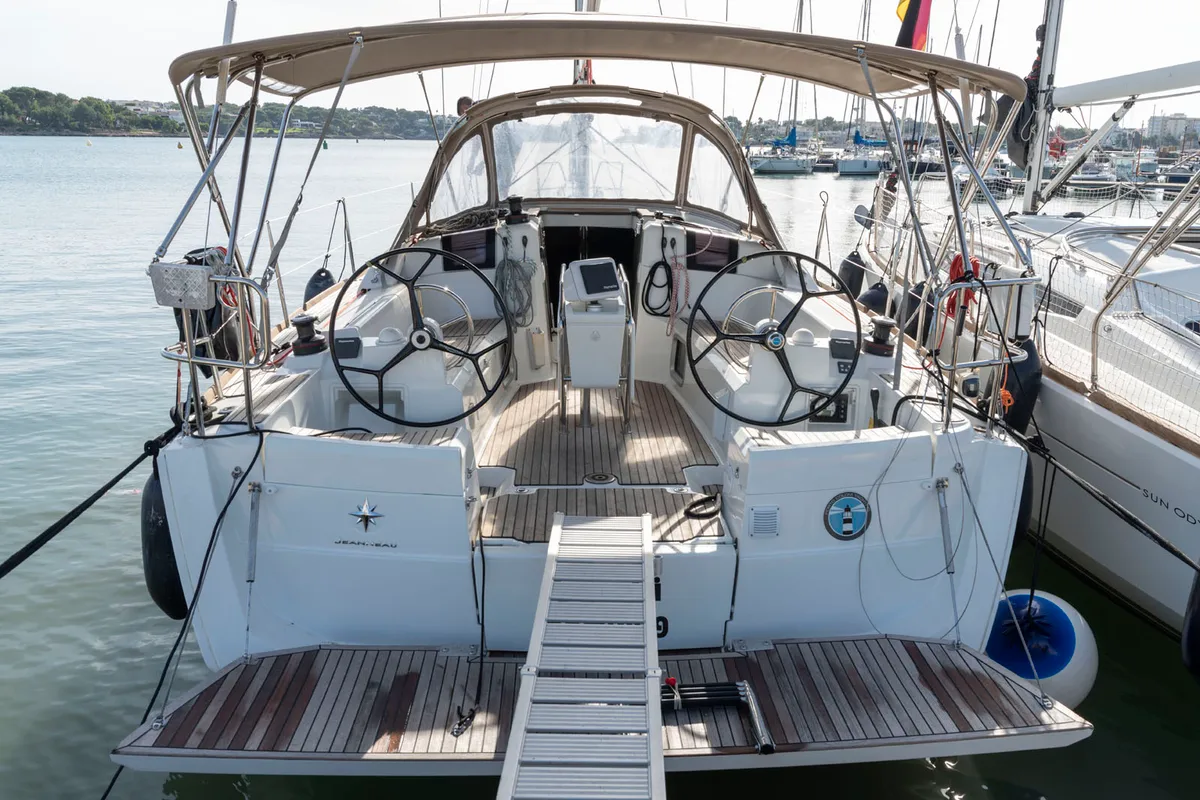 Cockpit of Bar Elli, a Jeanneau Sun Odyssey 389 sailboat at Palma de Mallorca, Spain