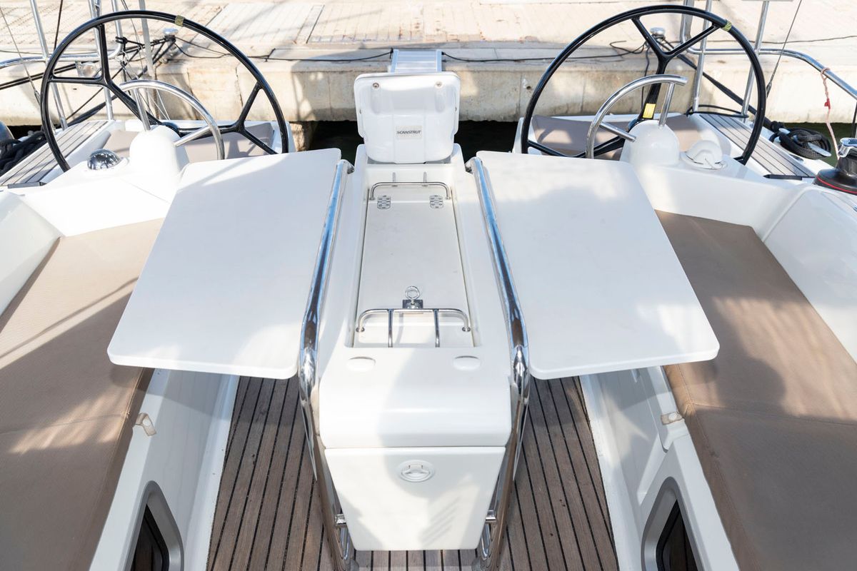 Cockpit of Bar Elli, a Jeanneau Sun Odyssey 389 sailboat at Palma de Mallorca, Spain