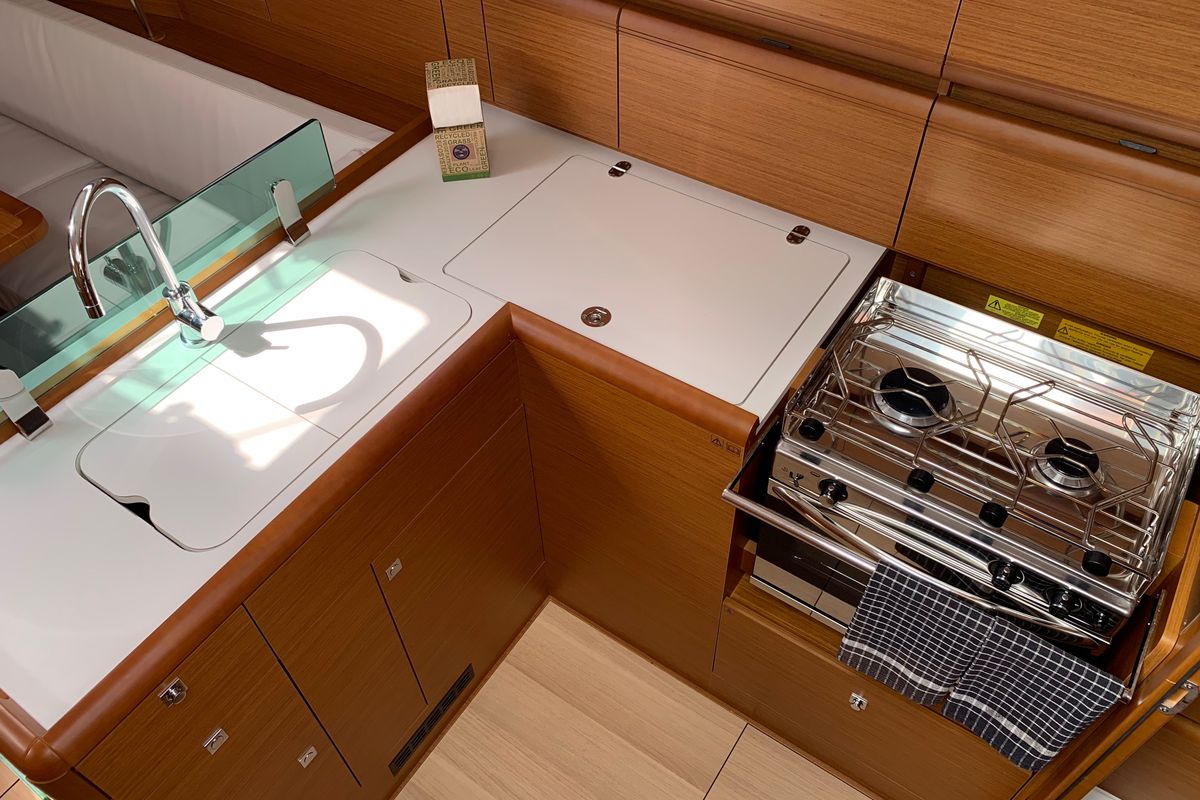 Galley of Bar Elli, a Jeanneau Sun Odyssey 389 sailboat at Palma de Mallorca, Spain