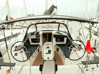 Cockpit of Colibri, a Jeanneau Sun Odyssey 410 sailboat at Salerno, Italy