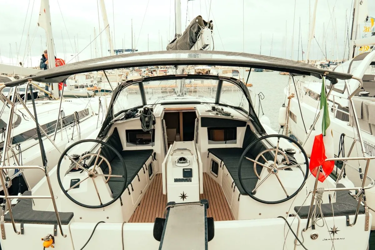 Cockpit of Colibri, a Jeanneau Sun Odyssey 410 sailboat at Salerno, Italy