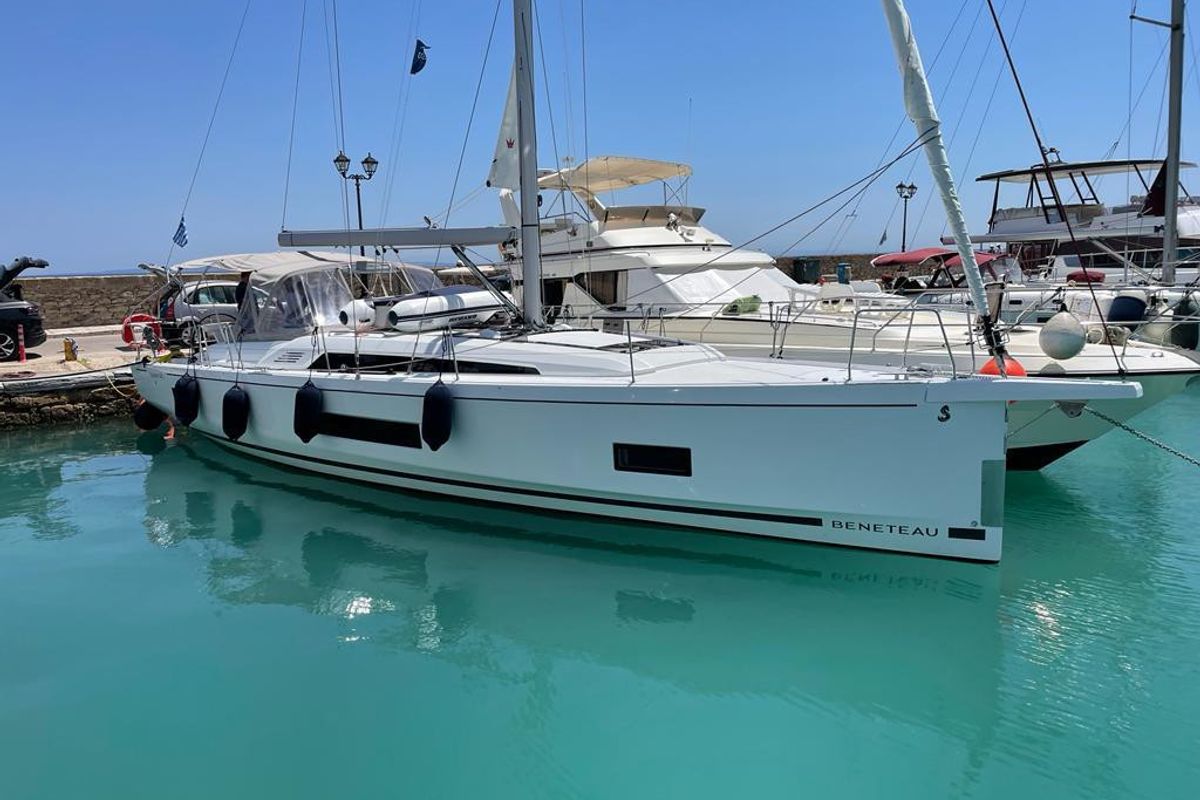 Exterior view of Boreas, a Beneteau Oceanis 46.1 sailboat at Zakynthos, Greece