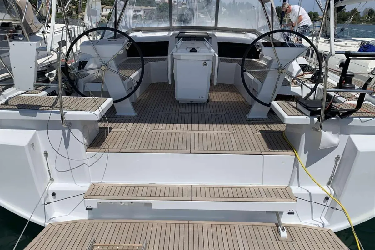 Cockpit of Boreas, a Beneteau Oceanis 46.1 sailboat at Zakynthos, Greece