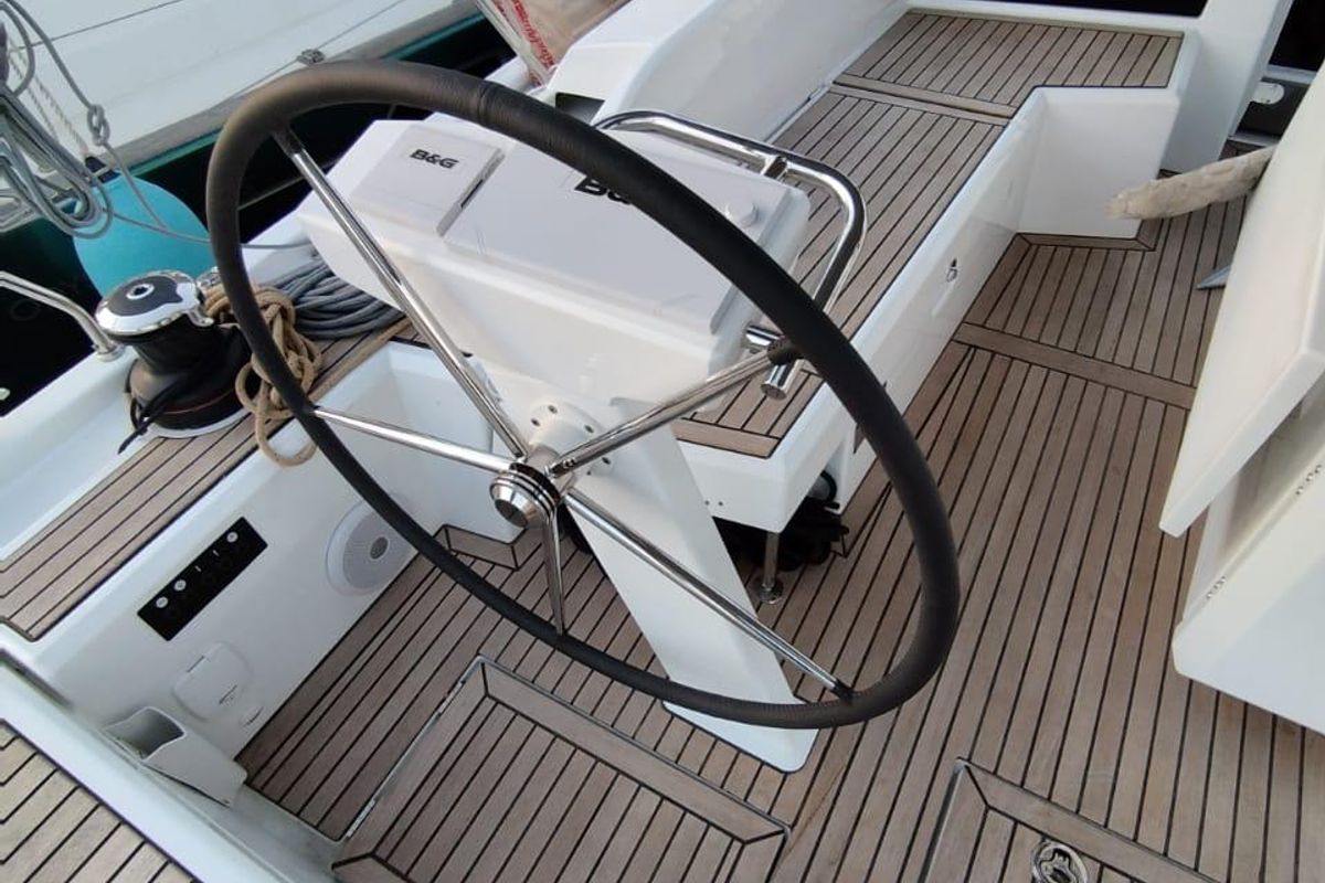 Cockpit of Boreas, a Beneteau Oceanis 46.1 sailboat at Zakynthos, Greece