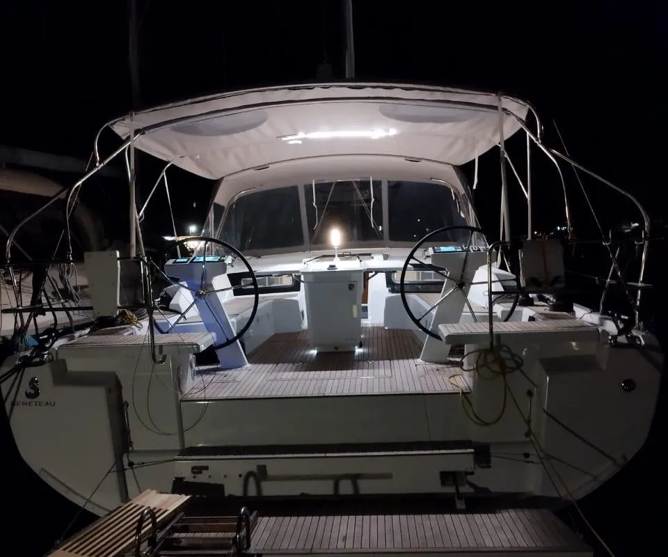 Cockpit of Boreas, a Beneteau Oceanis 46.1 sailboat at Zakynthos, Greece