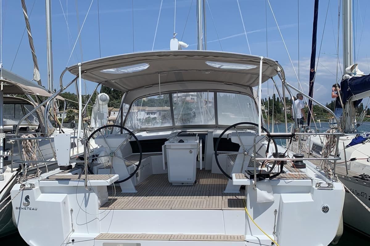 Cockpit of Boreas, a Beneteau Oceanis 46.1 sailboat at Zakynthos, Greece