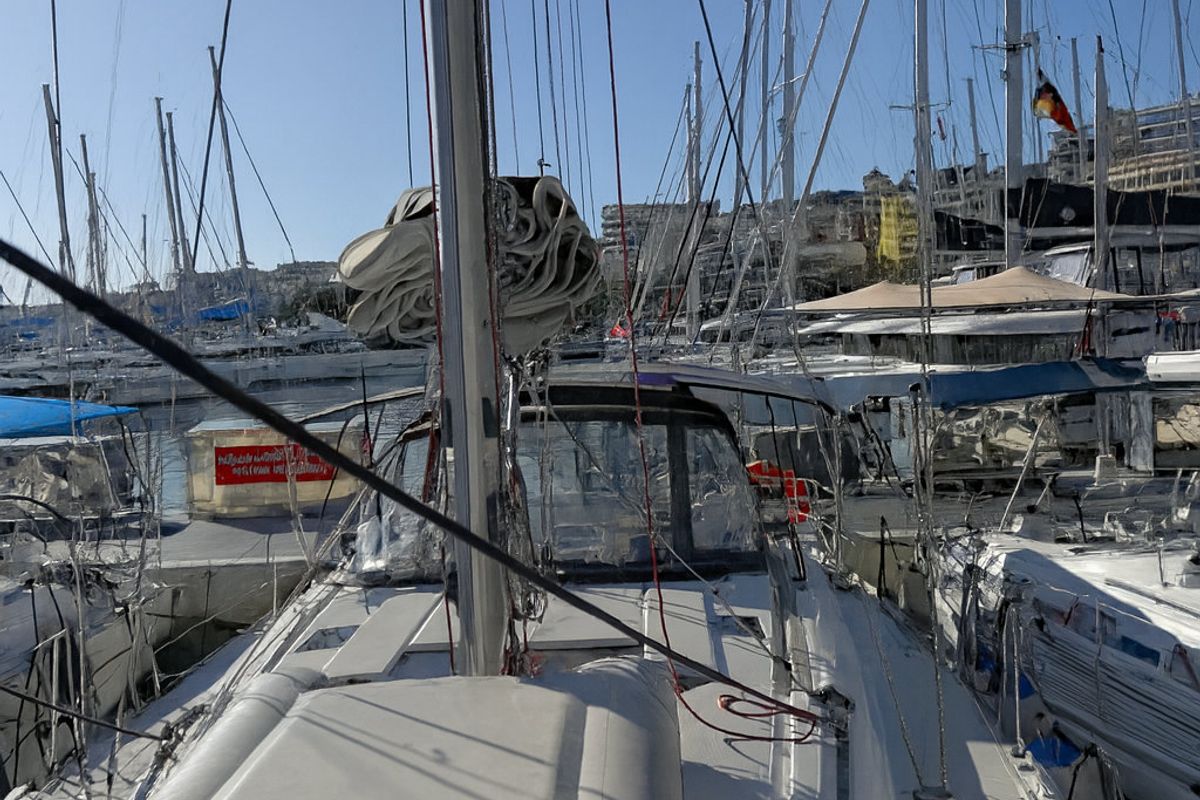 Deck of Santa Ponsa, a Jeanneau Sun Odyssey 469 sailboat at Palma de Mallorca, Spain