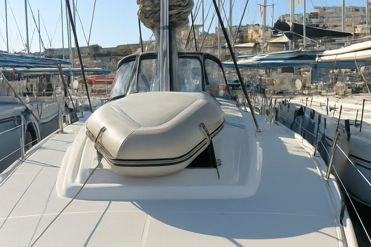 Deck of Santa Ponsa, a Jeanneau Sun Odyssey 469 sailboat at Palma de Mallorca, Spain