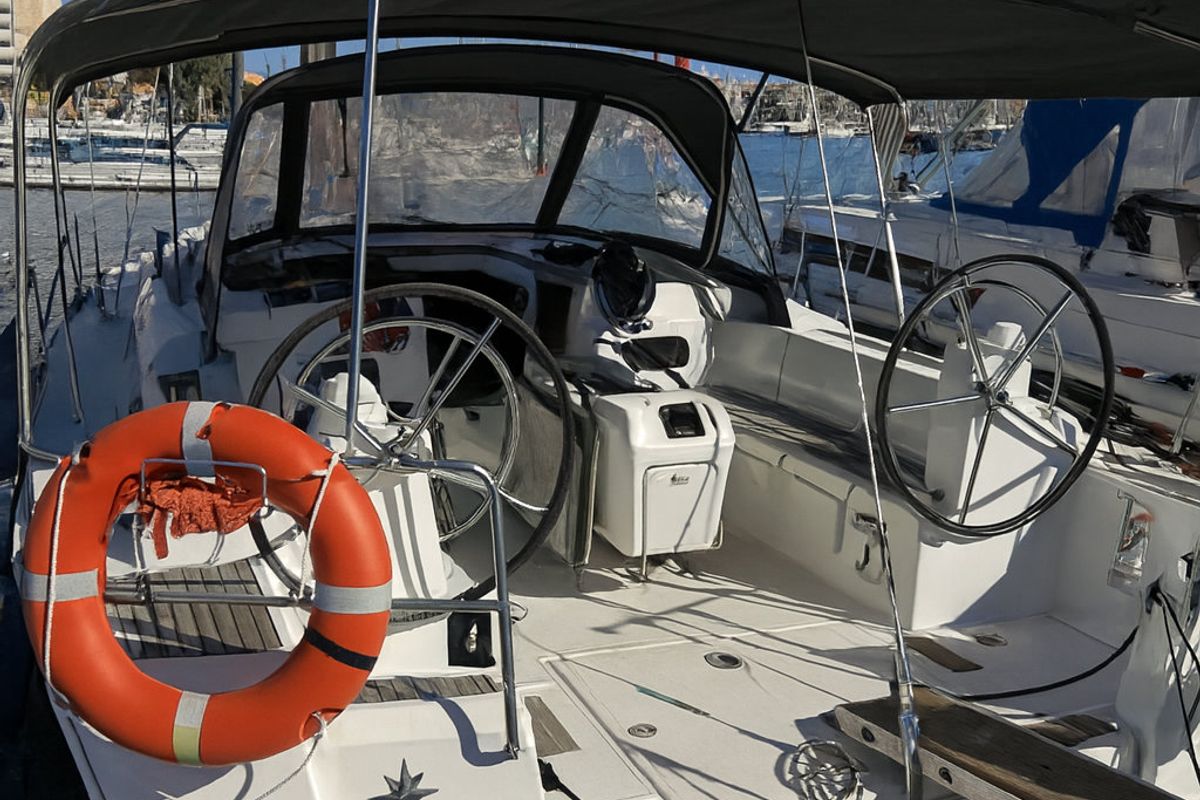 Cockpit of Santa Ponsa, a Jeanneau Sun Odyssey 469 sailboat at Palma de Mallorca, Spain