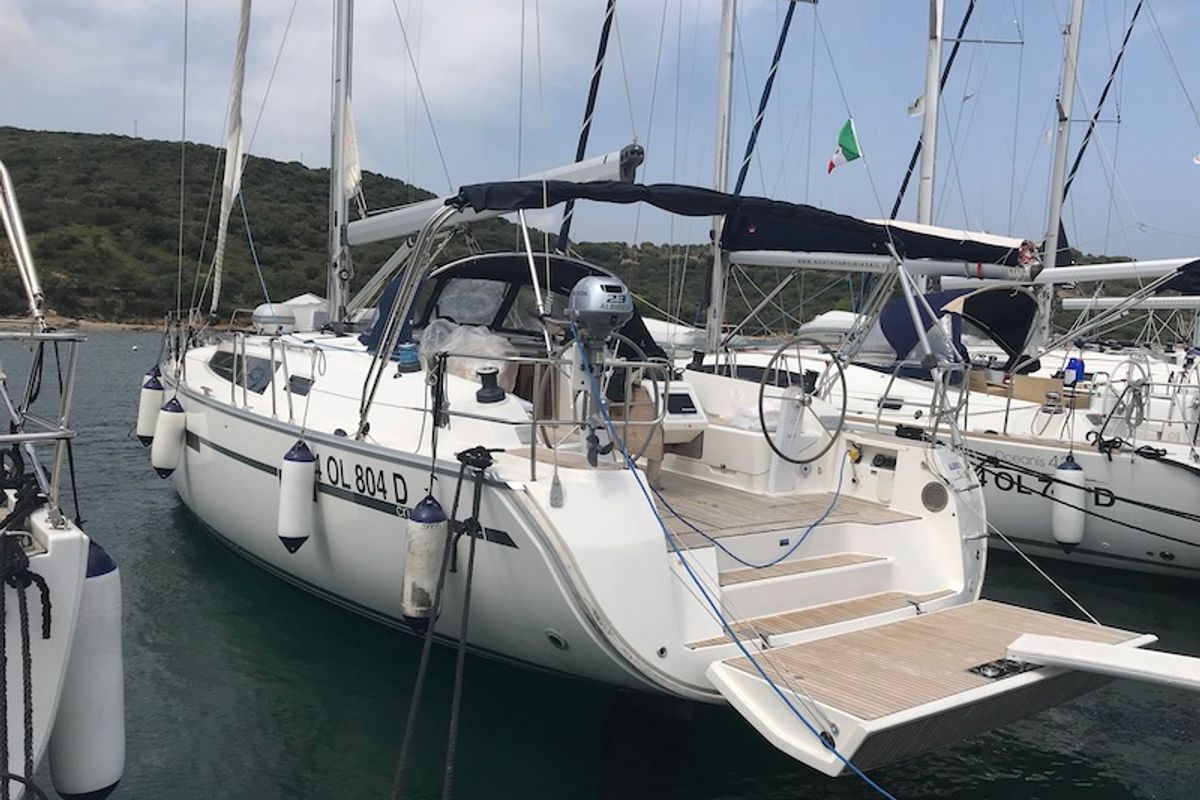 Exterior view of Albireo, a Bavaria Cruiser 46 sailboat at Olbia, Italy