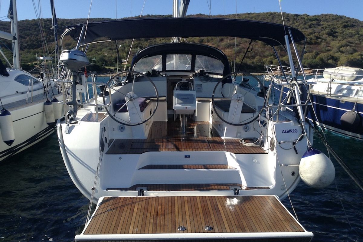 Cockpit of Albireo, a Bavaria Cruiser 46 sailboat at Olbia, Italy