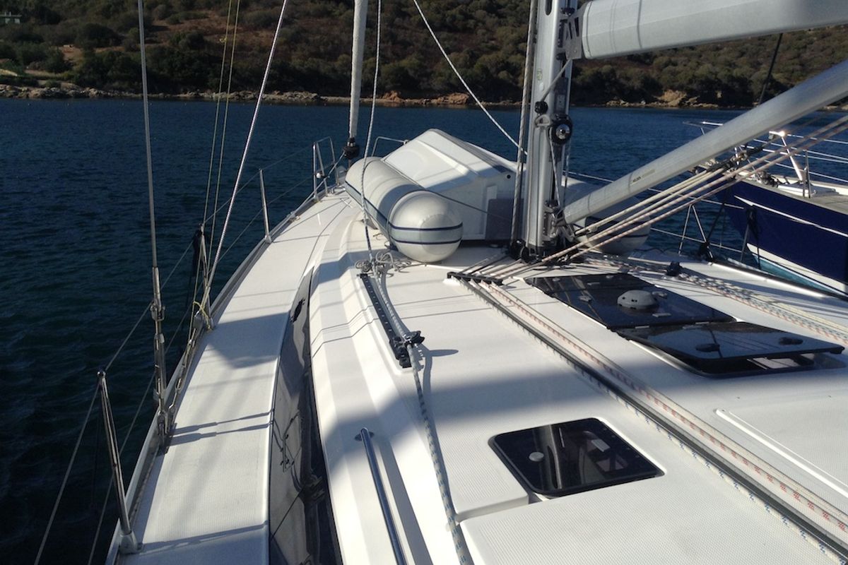 Deck of Albireo, a Bavaria Cruiser 46 sailboat at Olbia, Italy