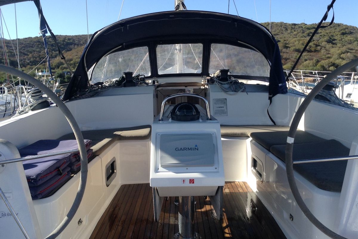 Cockpit of Albireo, a Bavaria Cruiser 46 sailboat at Olbia, Italy