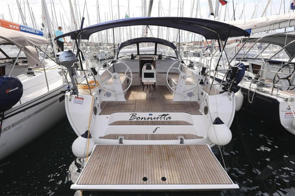 Deck of Bonnytta, a Bavaria Cruiser 51 sailboat at Grad Biograd na Moru, Croatia