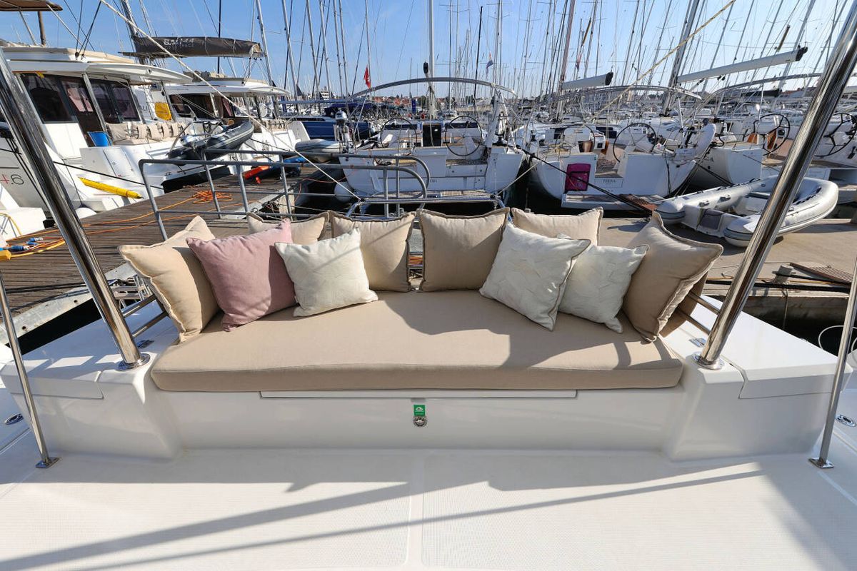 Deck of Sahar, a Bali 4.2 catamaran at Capo d'Orlando, Italy