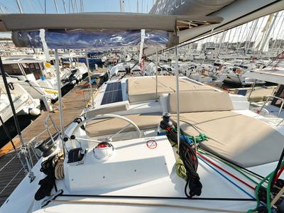 Cockpit of Sahar, a Bali 4.2 catamaran at Capo d'Orlando, Italy