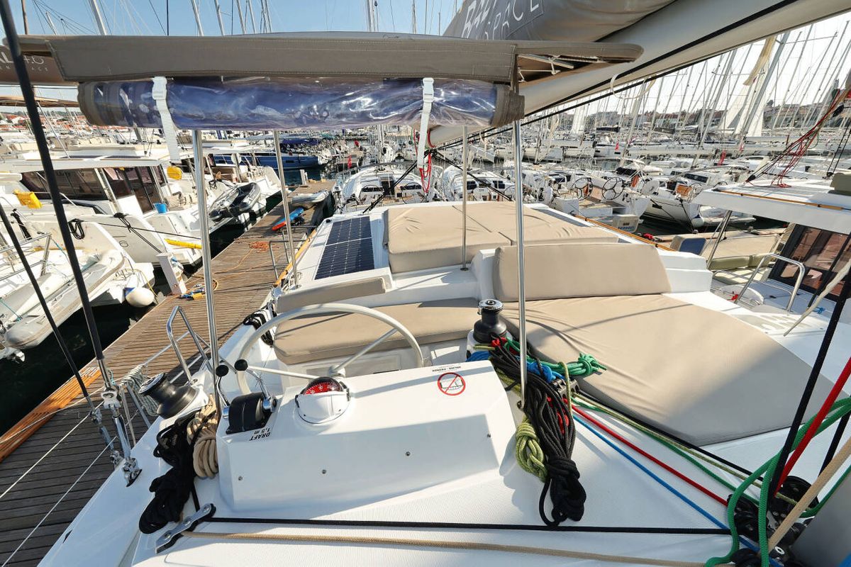 Cockpit of Sahar, a Bali 4.2 catamaran at Capo d'Orlando, Italy