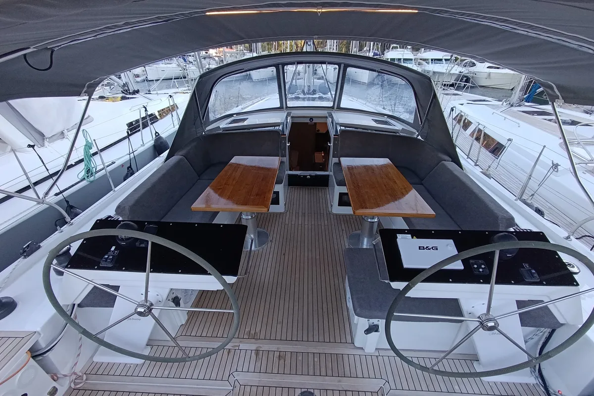 Cockpit of Binlik, a Hanse Yachts Hanse 460 sailboat at Fethiye, Turkey
