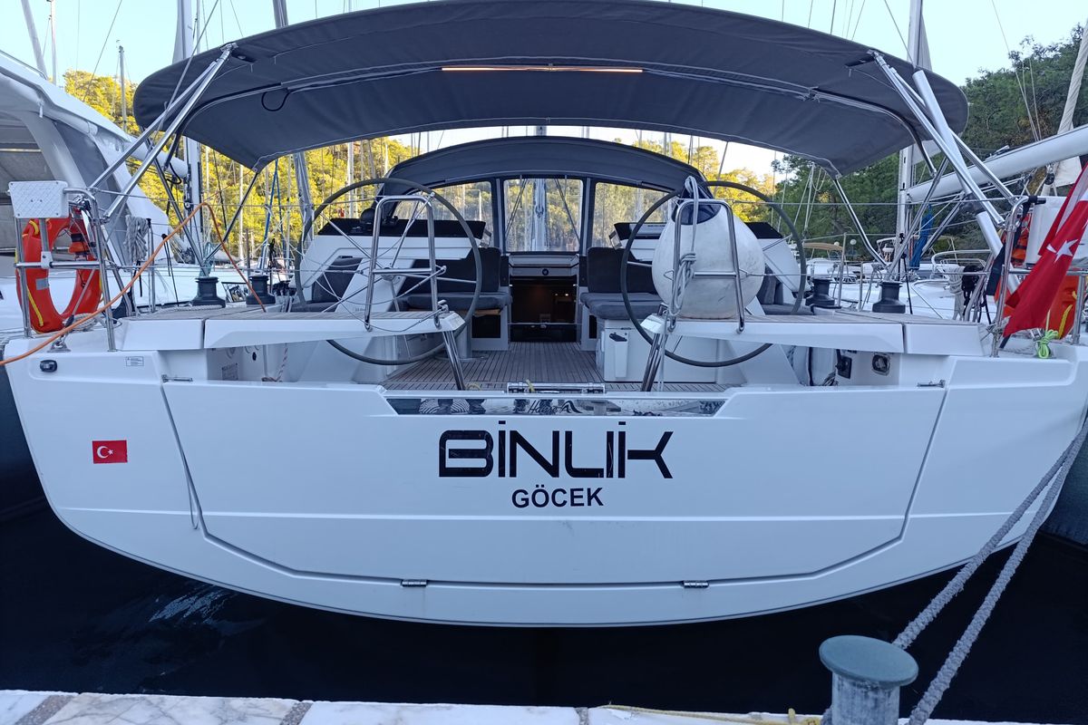 Exterior view of Binlik, a Hanse Yachts Hanse 460 sailboat at Fethiye, Turkey