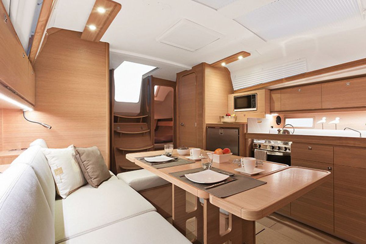 Salon of AF-D382, a Dufour 382 Grand Large sailboat at Municipal Unit of Lefkada, Greece